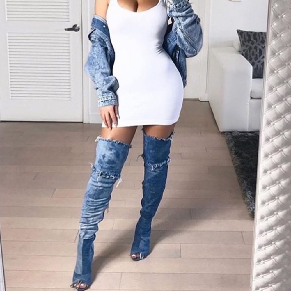 Thigh high washed denim boots
